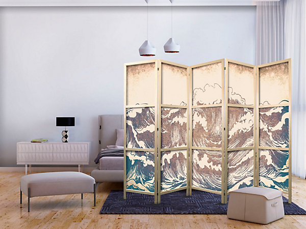 Paravent japonais -Hautes Vagues Beige dans un Style Vintage