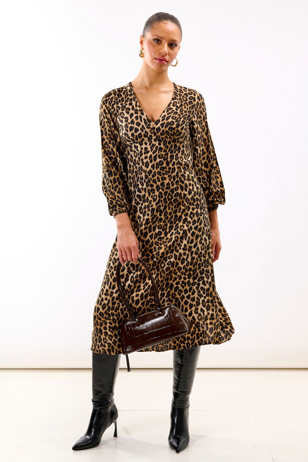 Needs No Label Brown Animal Printed Long Sleeve Midi Dress