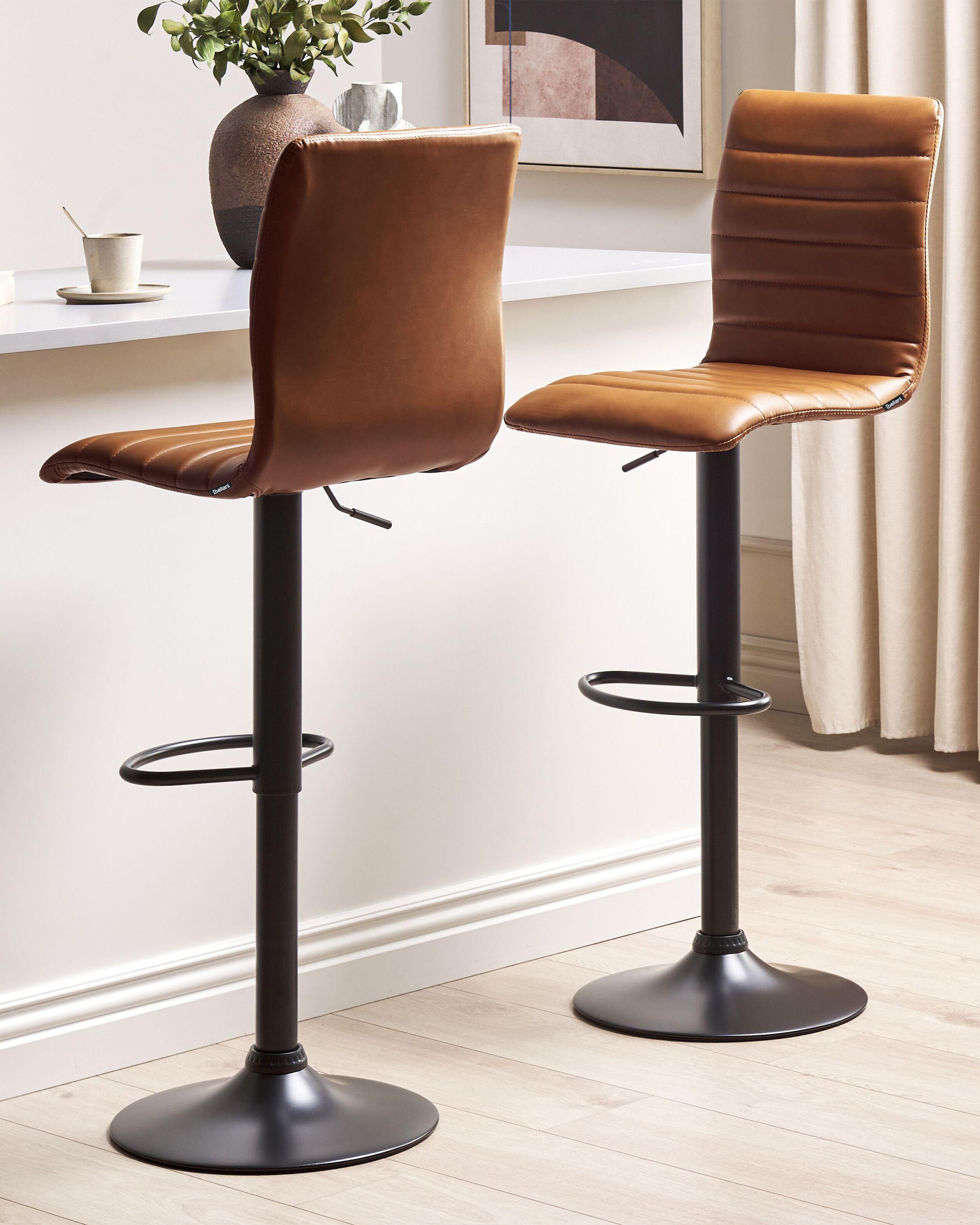 Set of 2 Bar Chairs LUCERNE Faux Leather Swivel Golden Brown