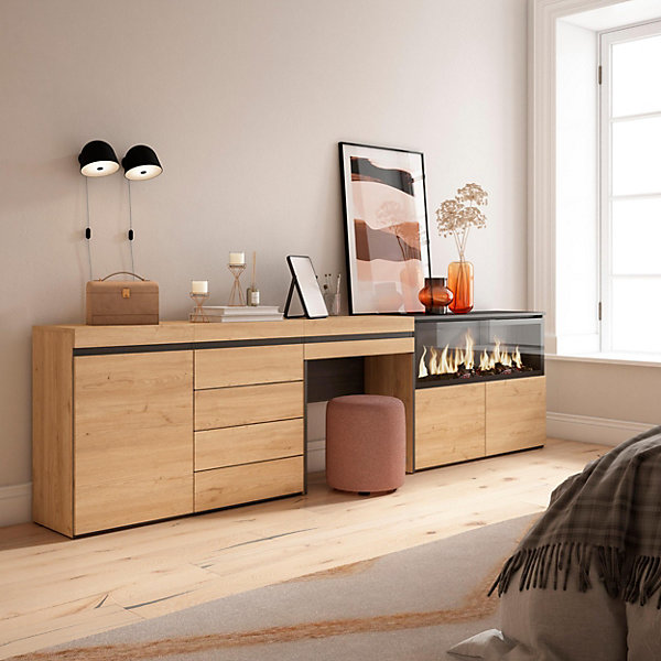 Coiffeuse 284x35x75cm feu led sans chaleur XXL commode buffet chêne