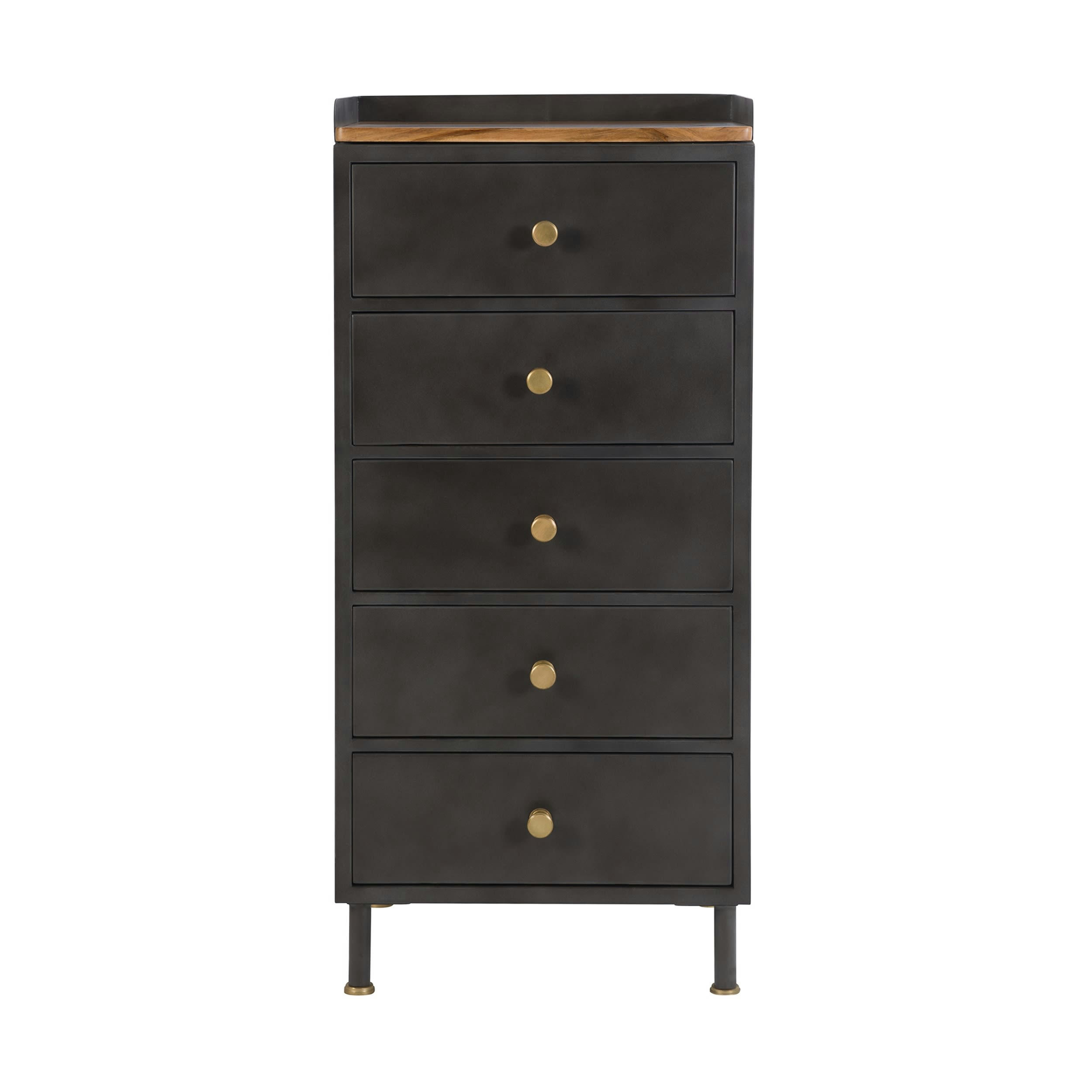 GAUTHIER - Chiffonnier 5 tiroirs en métal gris métallisé et bois de manguier