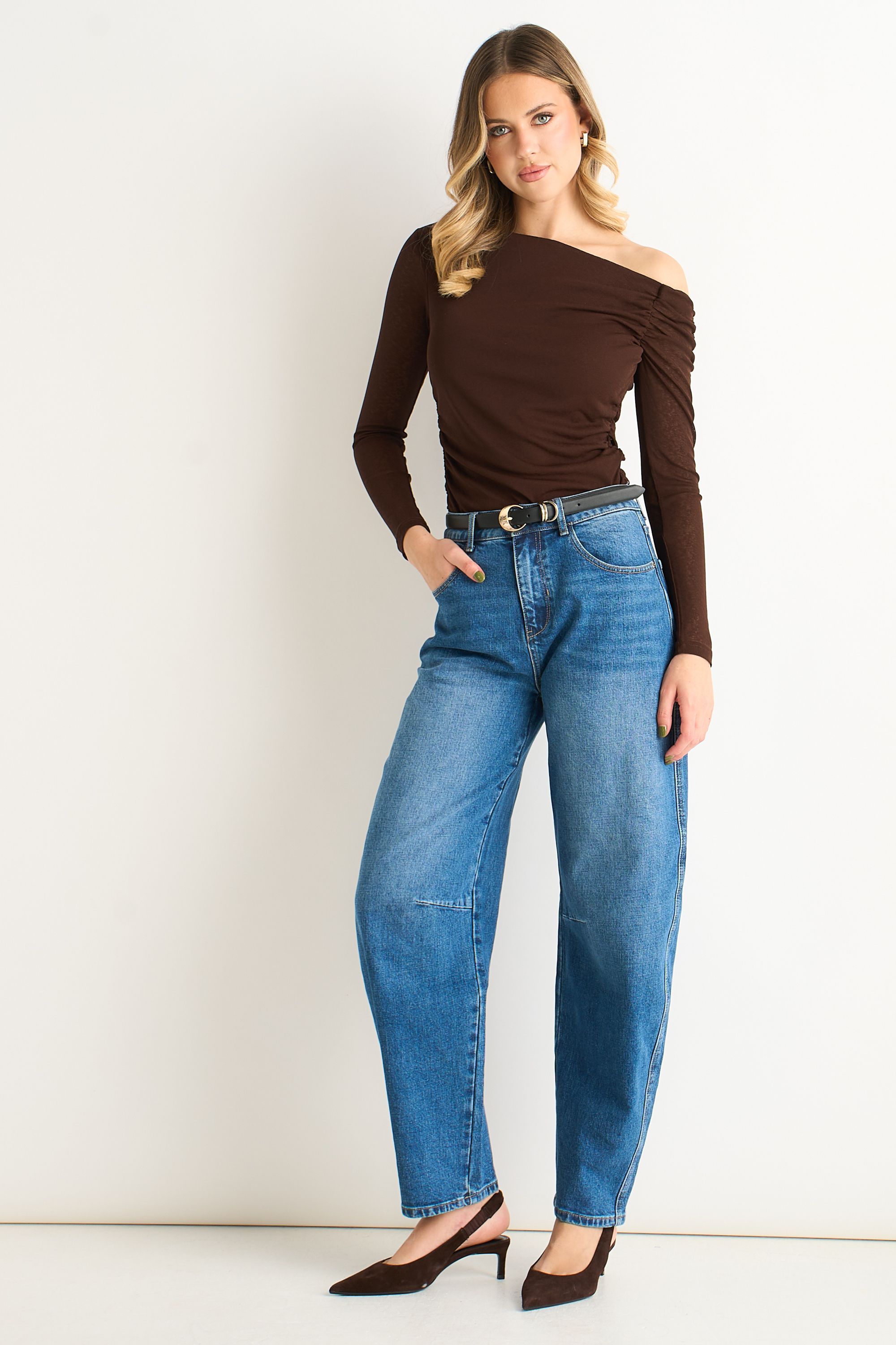Gini London Chocolate Jersey Slash Neck Long Sleeves Top