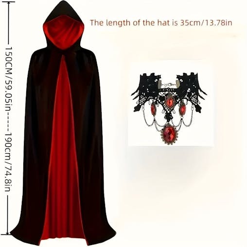 NNETM Halloween Vampire Cape Set with Necklace Earrings Hood