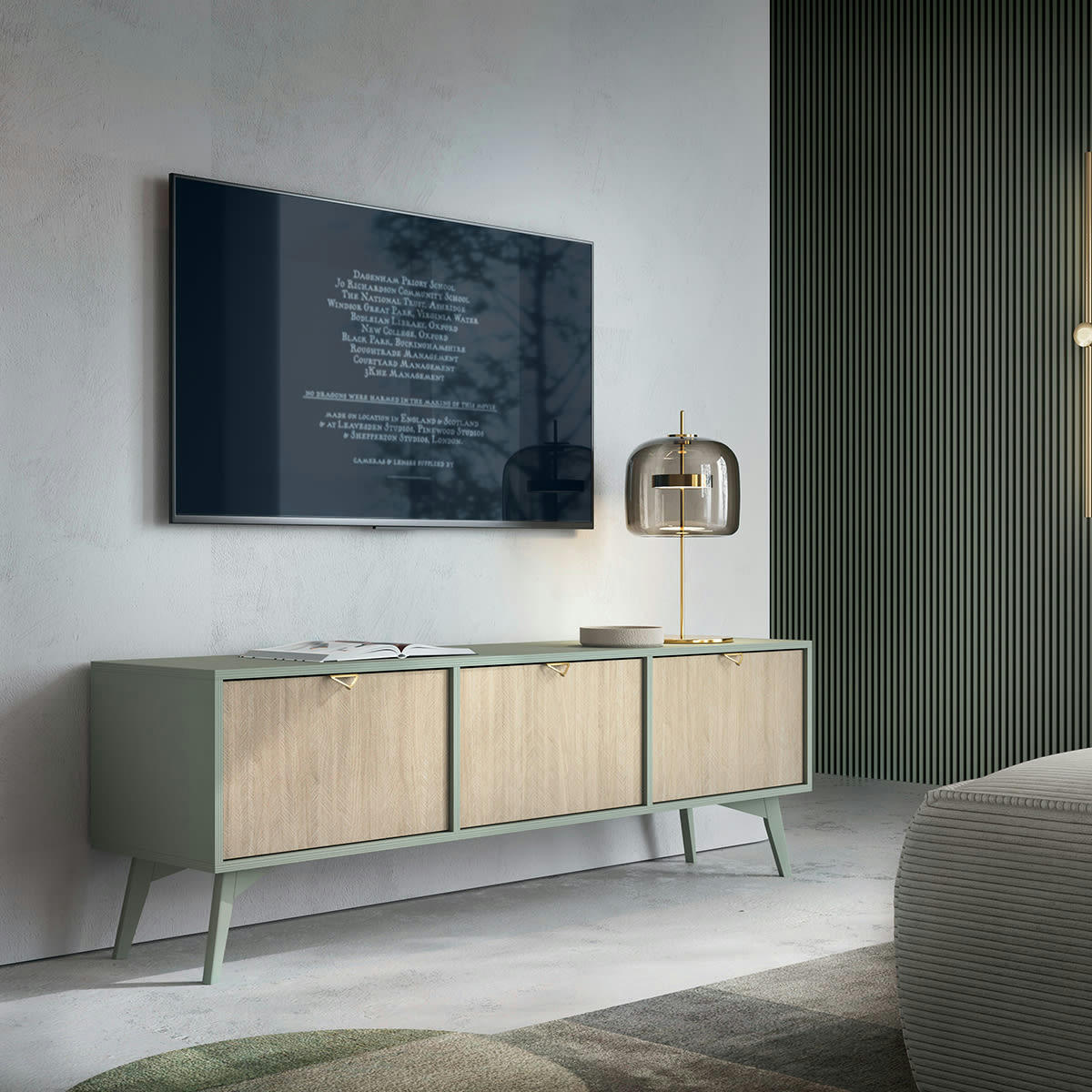 - Meuble tv 3 portes vert et naturel