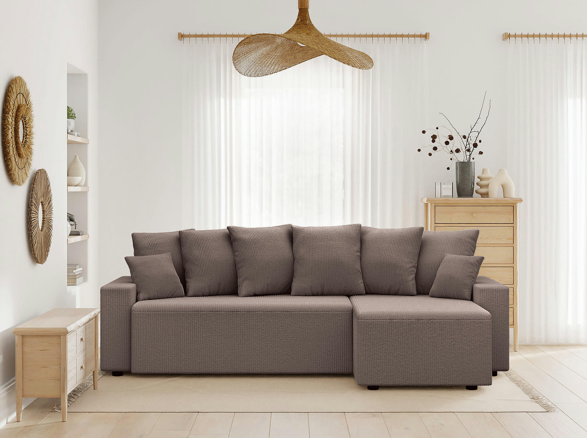 ALMA - Canapé d'angle convertible en velours côtelé 4 places taupe