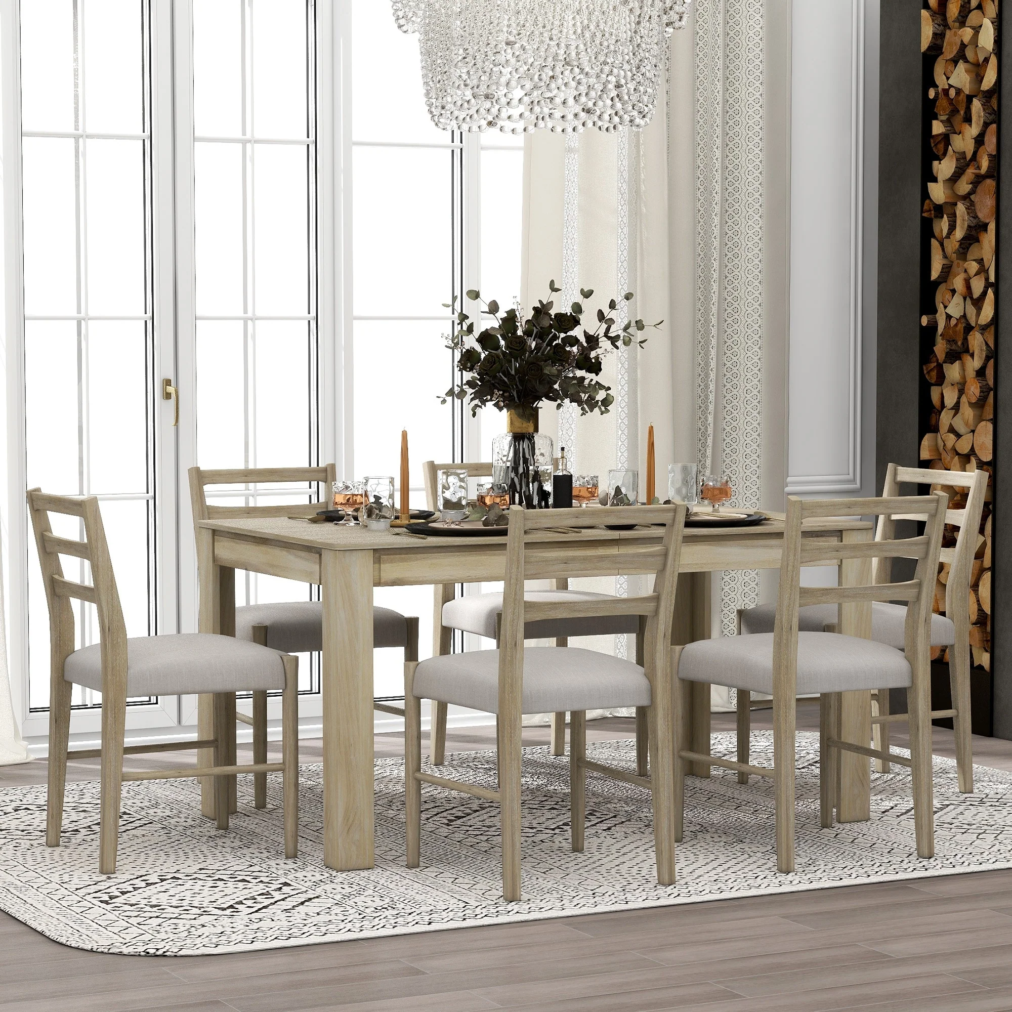 Nestfair 7-Piece Wooden Dining Table Set with 6 Chairs and 2 Drawers