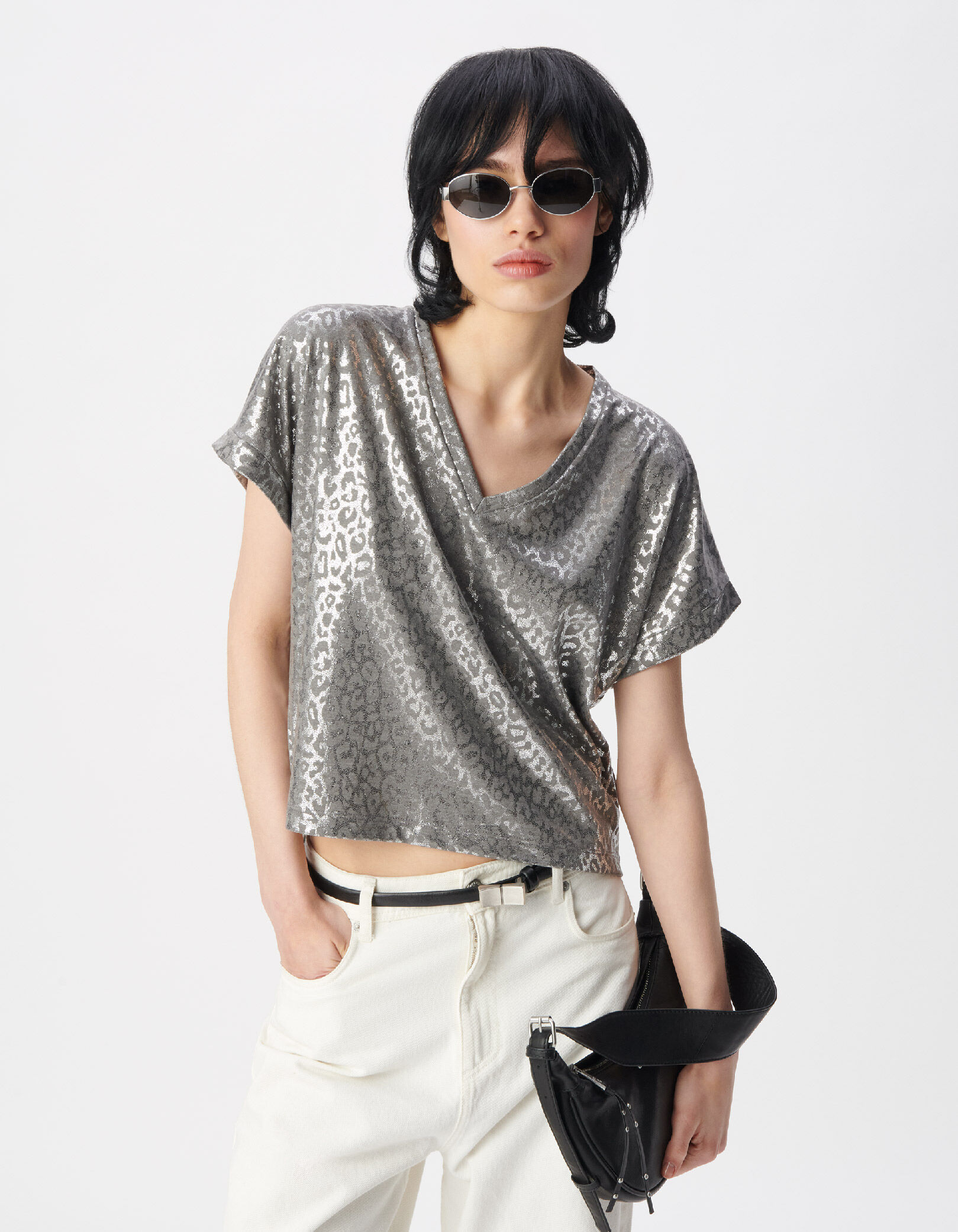 Tee-shirt gris motif léopard argent métallisé Femme
