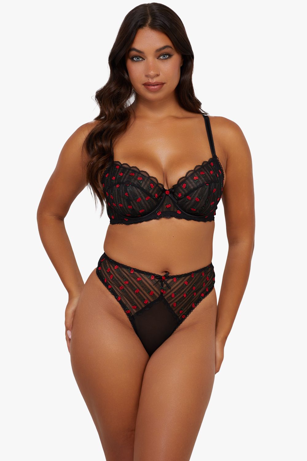 Playful Promises Elodie Black And Red Rosebud Embroidery Hw Thong