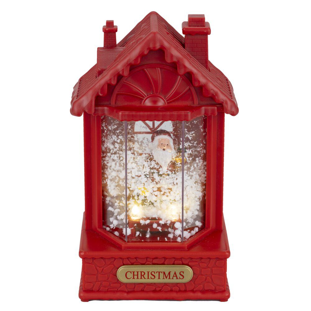Boule à neige lumineuse scène maison de No&euml;l rouge avec Père No&euml;l 10x5x9xH19cm