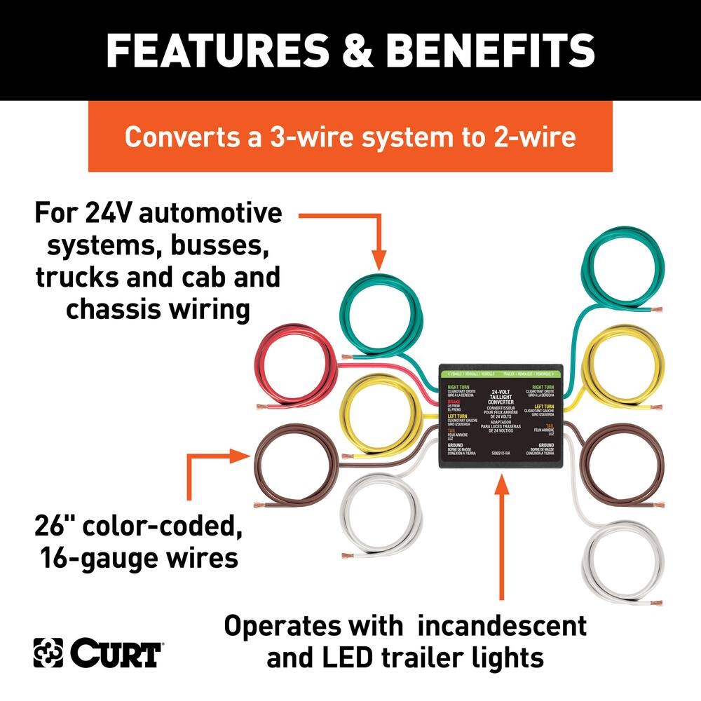 CURT  Universal 24V 3-to-2 Wire Trailer Tail Light Converter