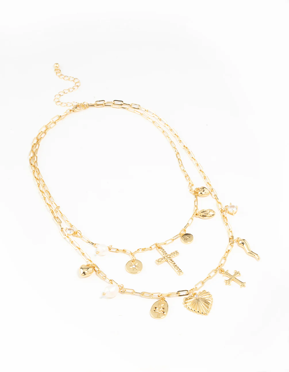 Gold Plated Freshwater Pearl, Cross & Heart Charm Necklace