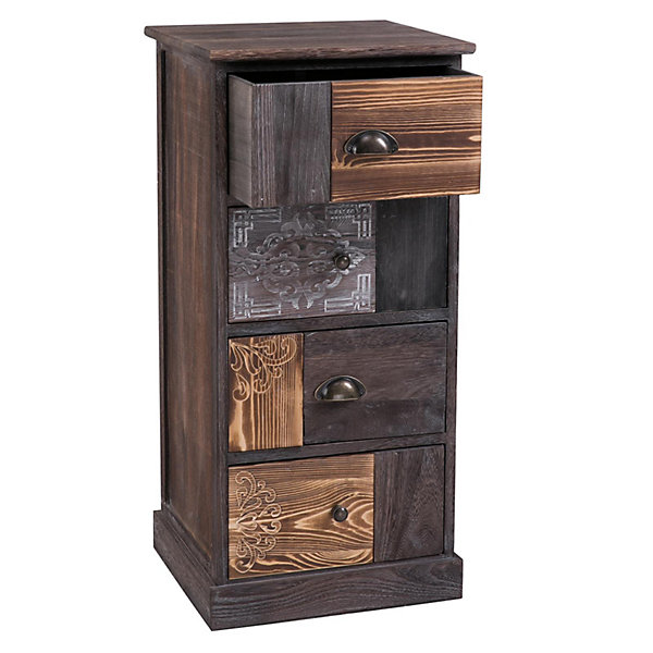 Chiffonnier MARA avec 4 tiroirs, commode en bois de paulownia style vintage ethnique bohême avec gravures