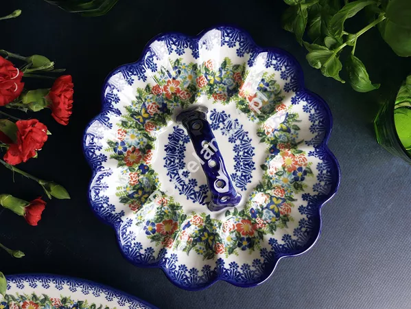 Półmisek do jaj 22 cm z uchwytem Bolesławiec - Kwiatowy Ogród