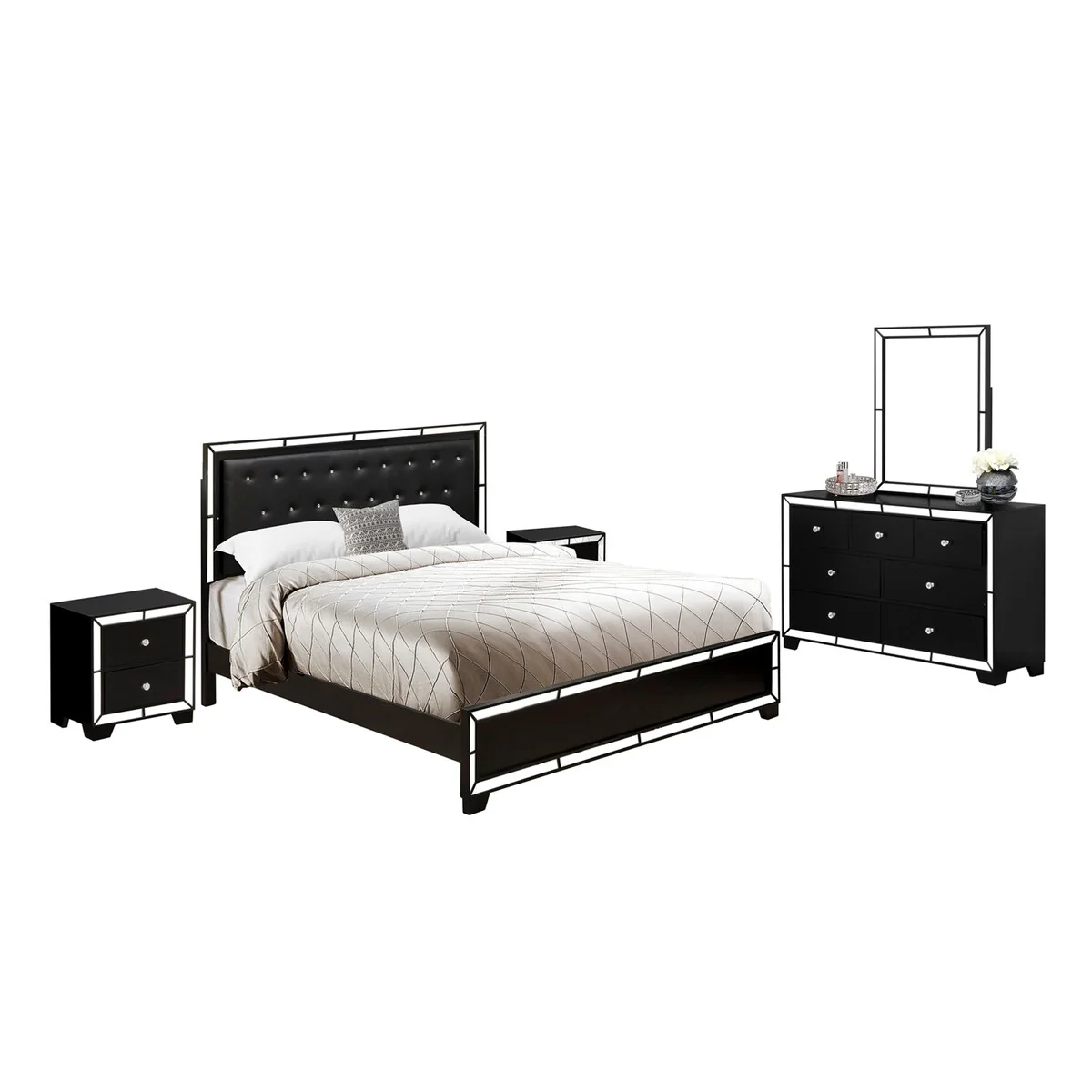 East West Furniture King Size Bed Set Includes King Size Frame, Drawer Dresser, Large Mirror, and 2 Night Stand