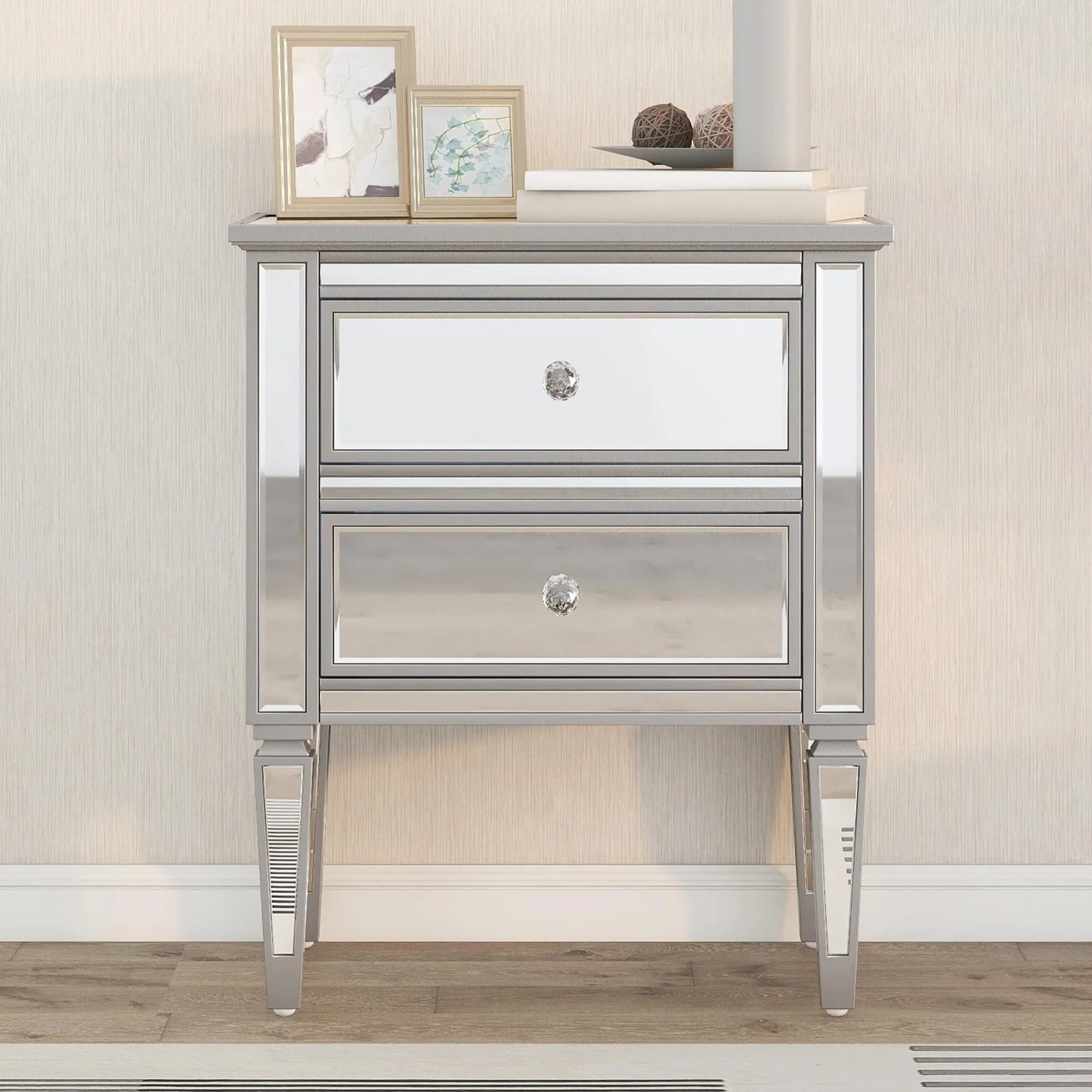 Elegant Mirrored 2-Drawer Bachelors Chest , Silver Finished Side Table for Living Room