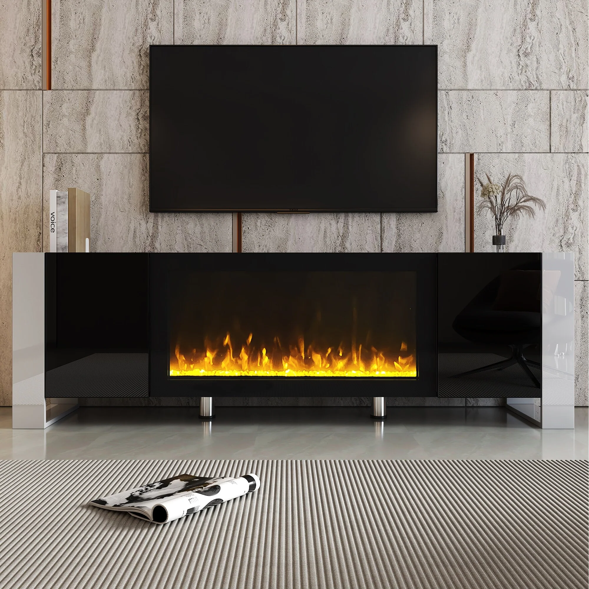 Black Modern 68.1 Fireplace TV Stand with 2 Large Cabinets for TVs Up to 78