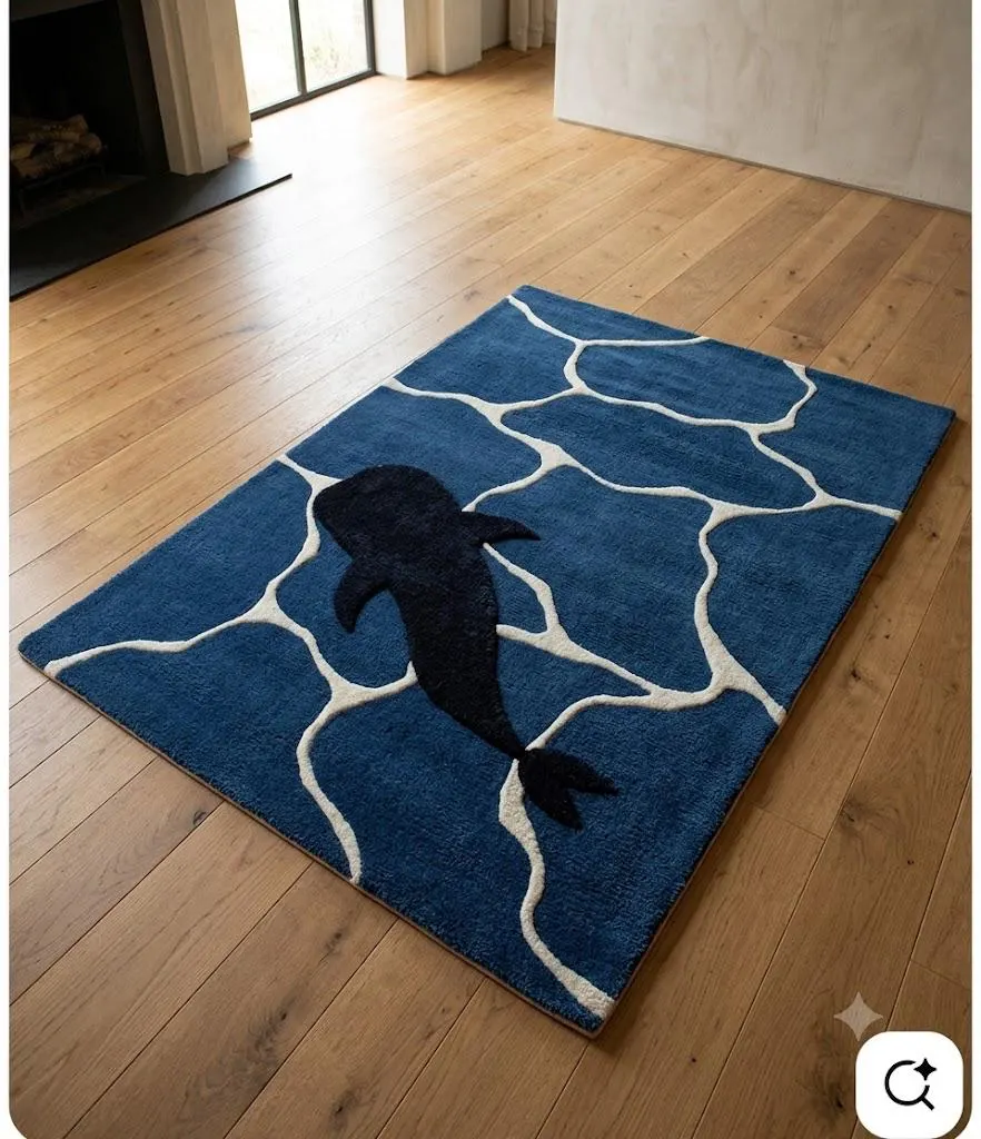 Hand Tufted Wool Rug, Blue Whale Area Rug, Ocean Animal Carpet, Handmade Marine Life Rug, Kids Nursery Rug, Coastal Living Room Wool Rug