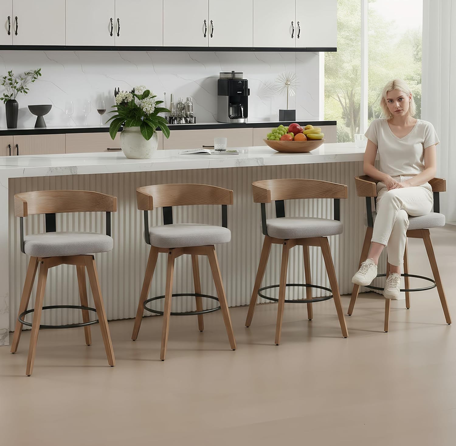 DUOMAY Swivel Bar Stools Set of 4, 26 Counter Height Bar Stool with Footrest Modern Wood Barstools with Linen Upholstered Seat Counter Stools for Kitchen Island Home Bar,Grey