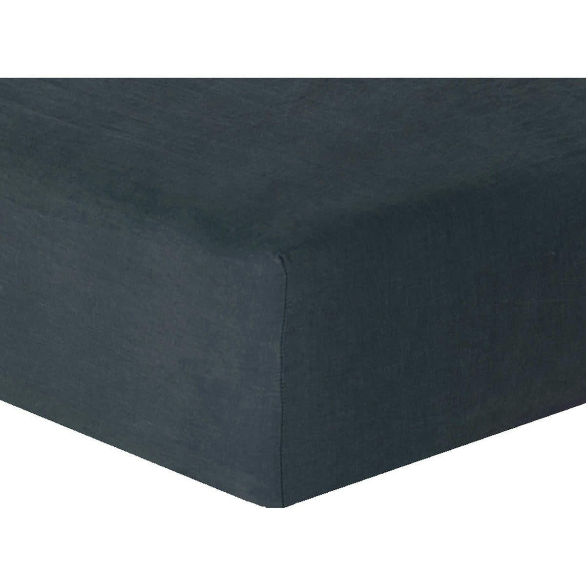 HORTENSE - Drap housse lin lavé  160x200x30 bleu nuit