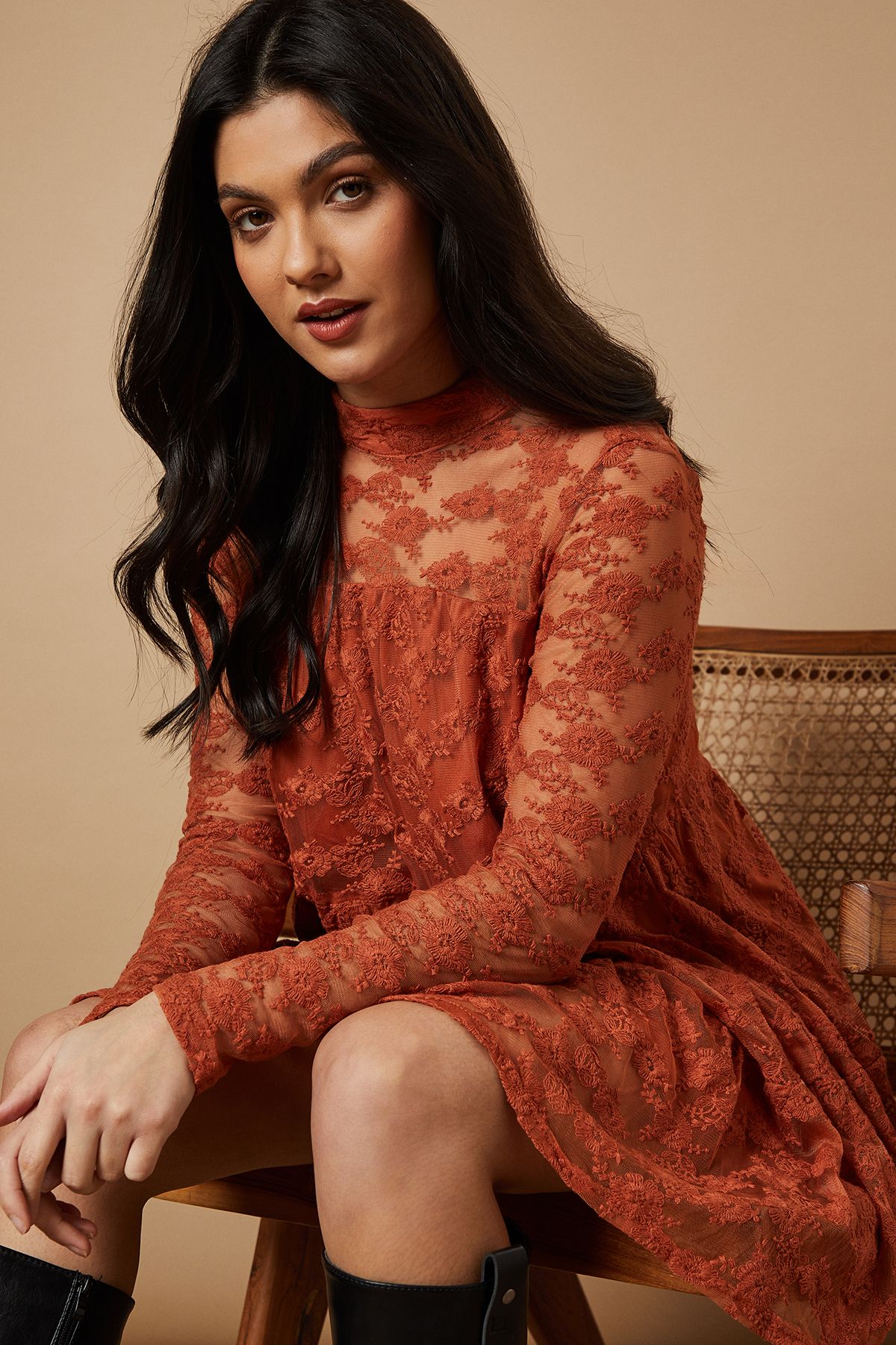 Warehouse Embroidered Mesh High Neck Tier Smock Mini Dress