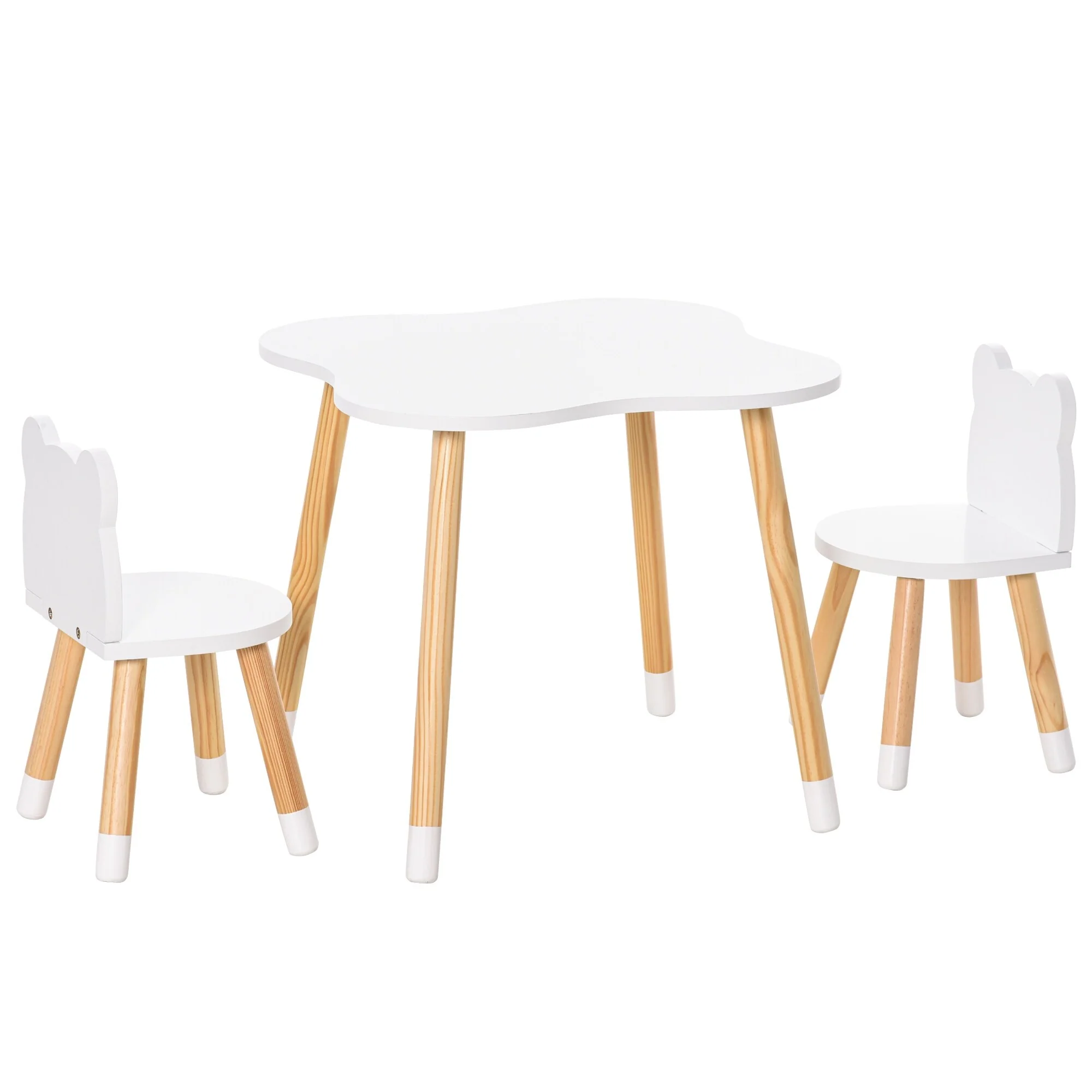 Qaba 3 Pieces Table and Chair Sets Children Dining Table Cute Bear Shape with Rounded Corners for 1-4 years, White