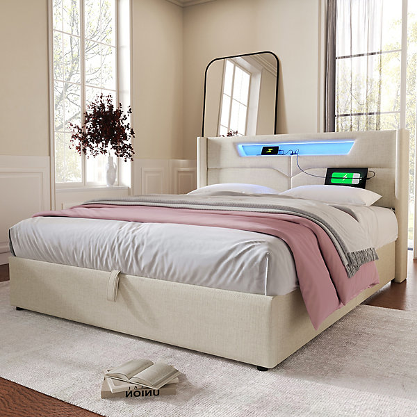 Lit coffre 160 x 200 cm - Lit double avec USB Type-C et LED - Lin - Sans Matelas - Beige