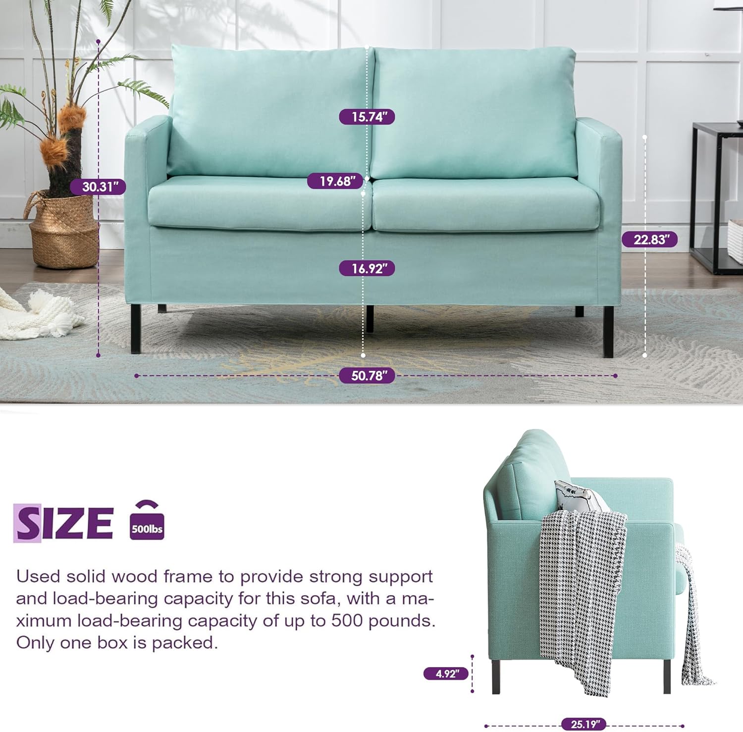 TYBOATLE 51 W Linen Fabric Upholstered Modern Loveseat Sofa Couch for Living Room, Love Seats 2-Seater Furniture w/Iron Legs for Compact Space, Apartment, Bedroom, Dorm, Office, Aqua Blue