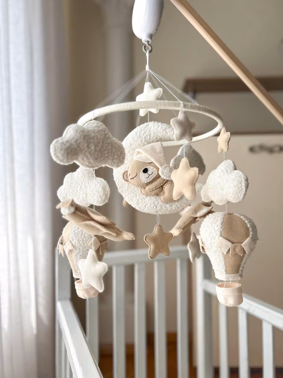 Hot Air Balloon and Airplane Baby Mobile, Neutral Teddy Bear Sleeping on Crescent Moon, Neutral Gender Crib Mobile for Boy Girl