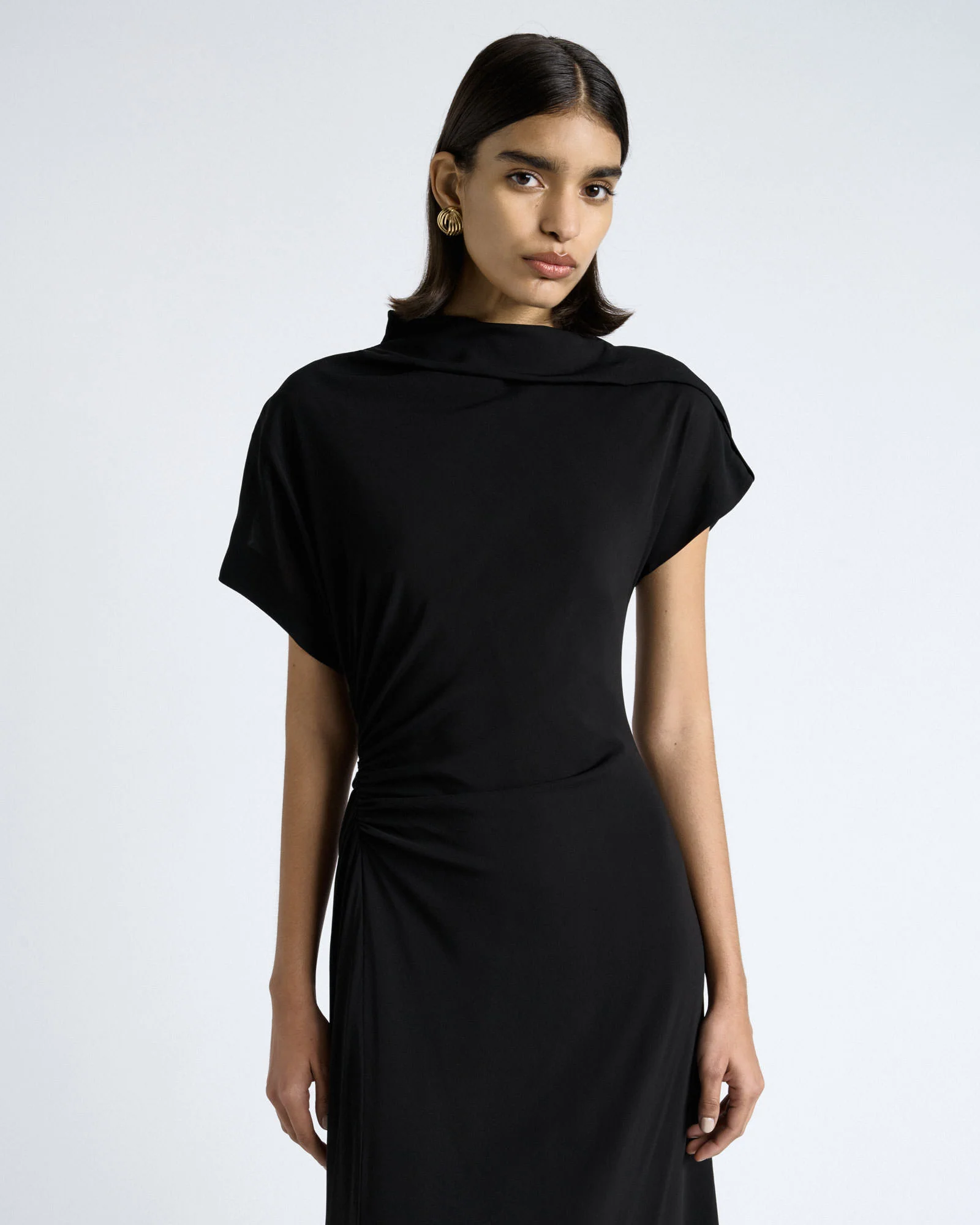 Draped Fold Neck Midi Dress