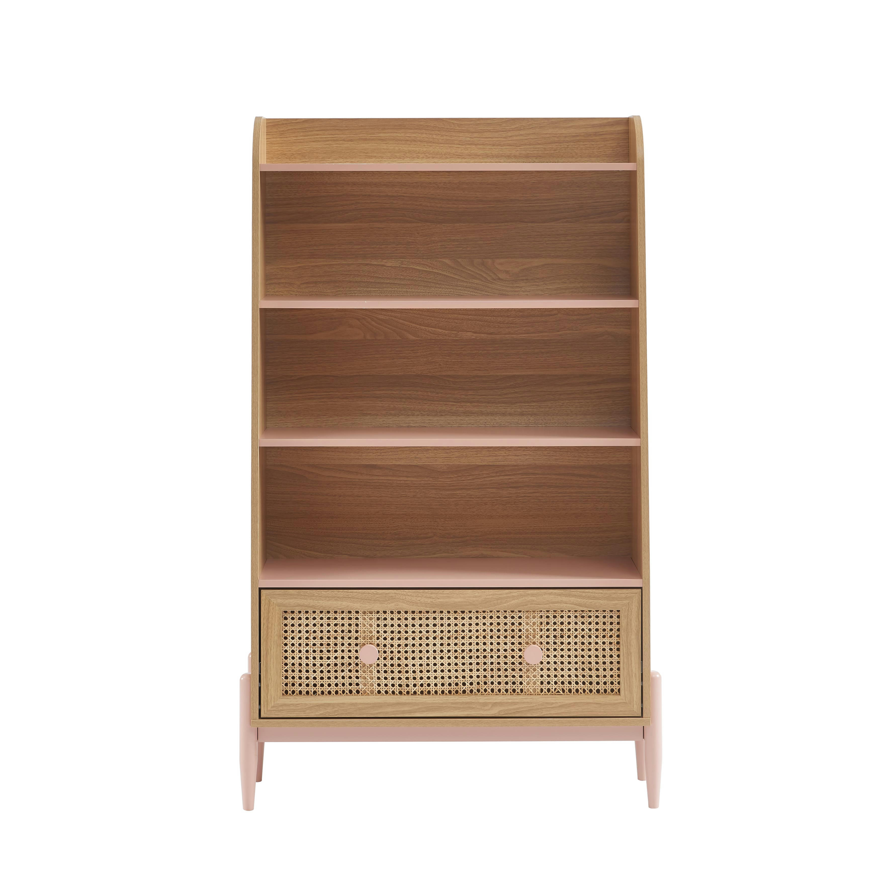 PABLO - Bibliothèque  rose et cannage rotin 3 étagères