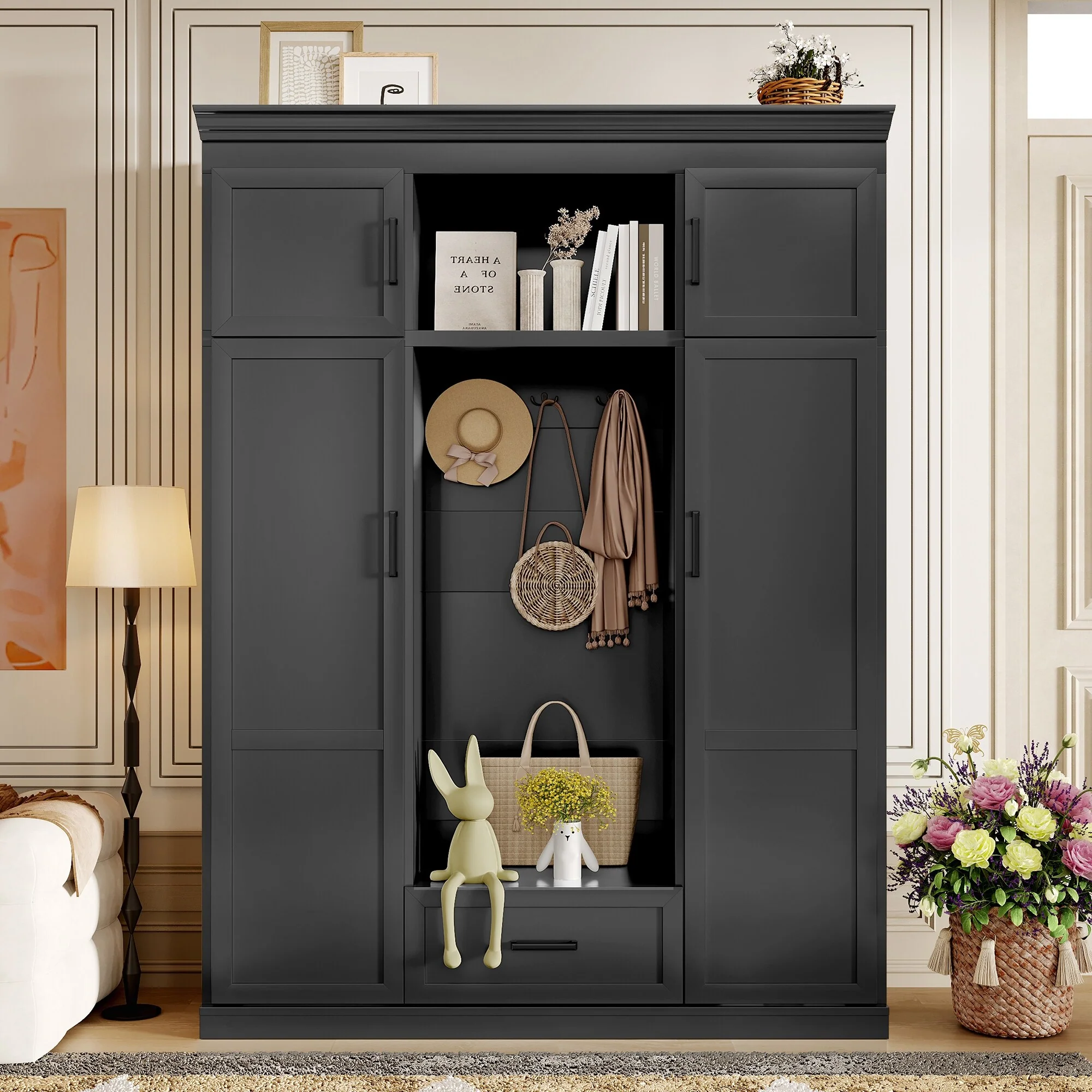 85 Inch Tall MDF Hall Tree with Bench, Entryway Storage Organizer with 4 Doors, 5 Drawers and Adjustable Shelves