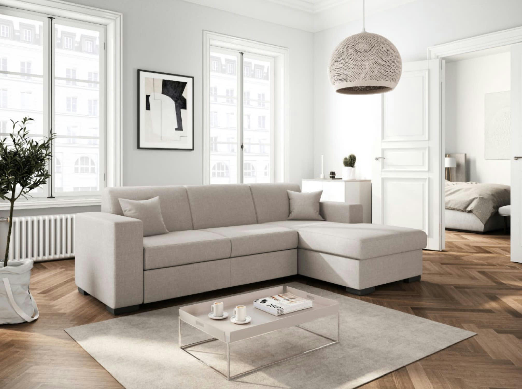 FUJI - Canapé d'angle droit convertible en tissu beige