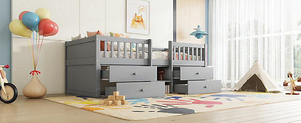 Lit Mi-Haut 90x200cm, 4 Tiroirs, échelle, Pin, Sans Matelas, Style Minimaliste, Gris