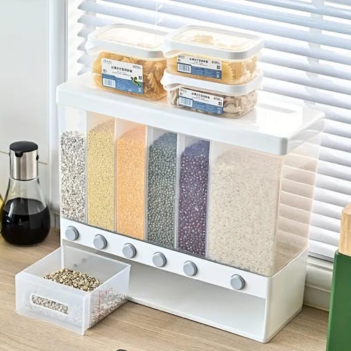 NNEOBA 1pc Wall-Mounted Multi-Grid Food Dispenser - Large Capacity Rice Bucket