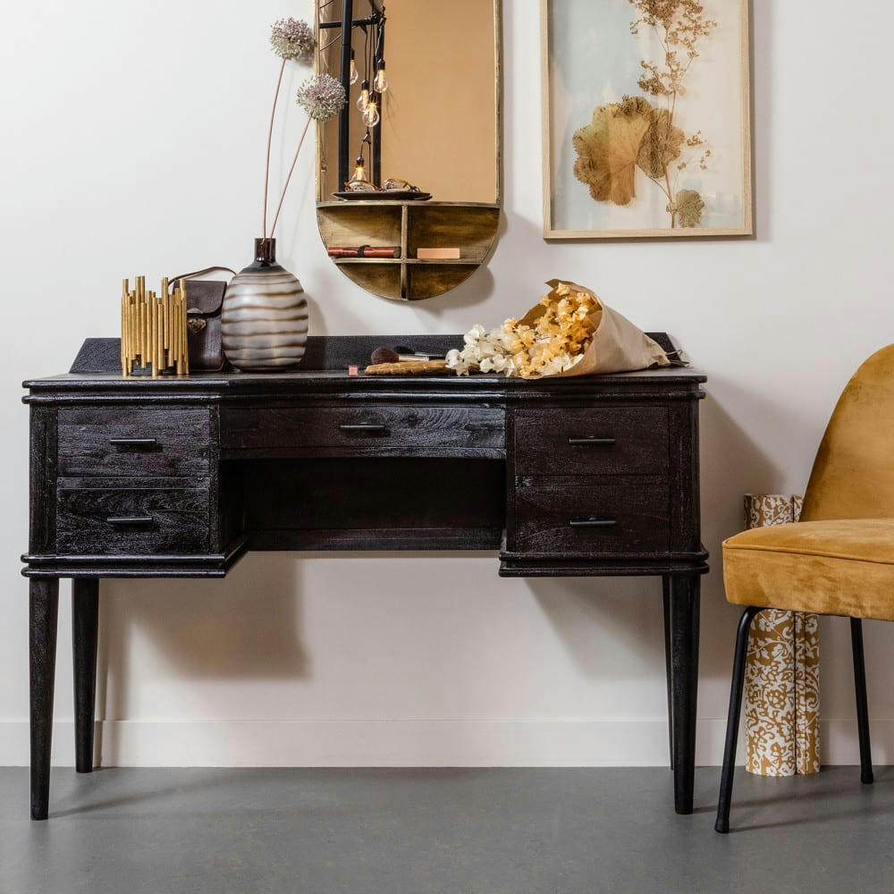 BOUDOIR - Coiffeuse 5 tiroirs en bois noir