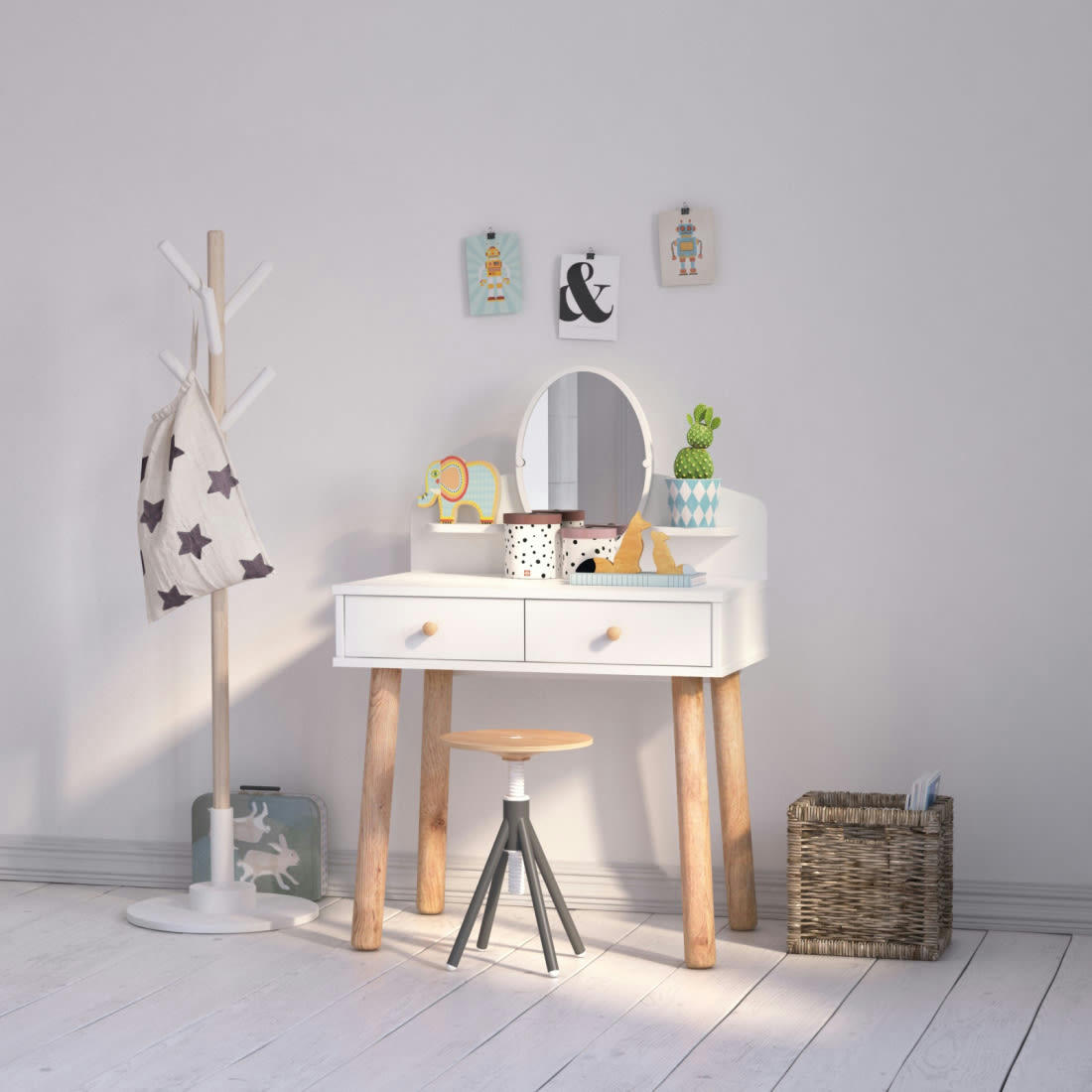 GABRIEL - Coiffeuse avec miroir  blanc   effet bois   47.8x70