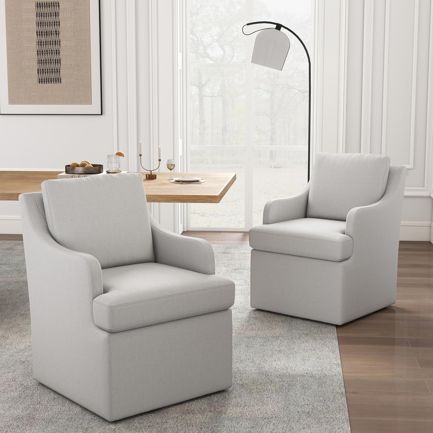 VKNOW Upholstered Dining Chairs Set of 4, Modern Kitchen Chairs Dinner Chairs with 4 Casters, Chenille Armchair for Bedroom Reading Room Living Room, Light Grey