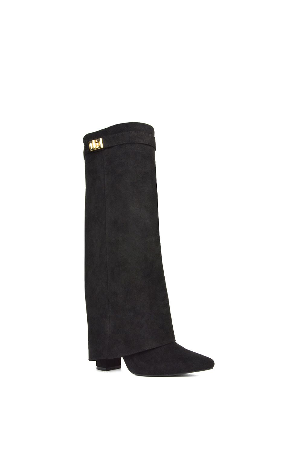 XY London Rayna' Block Heel Knee High Foldover Boots With Pointed Toe