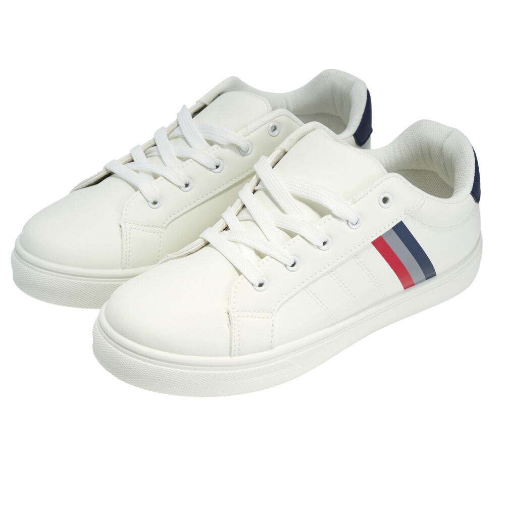 Baskets unisexe simili blanc rayures rouges et bleues T42