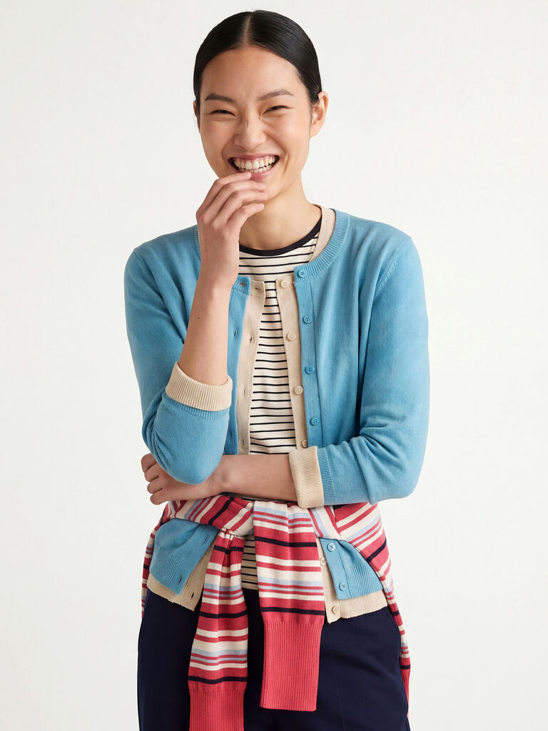 Sky blue crew neck cardigan in pure Merino wool