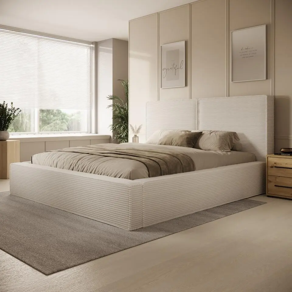Meubella - Tweepersoonsbed Jarviz - Beige ribstof - 180x200 cm
