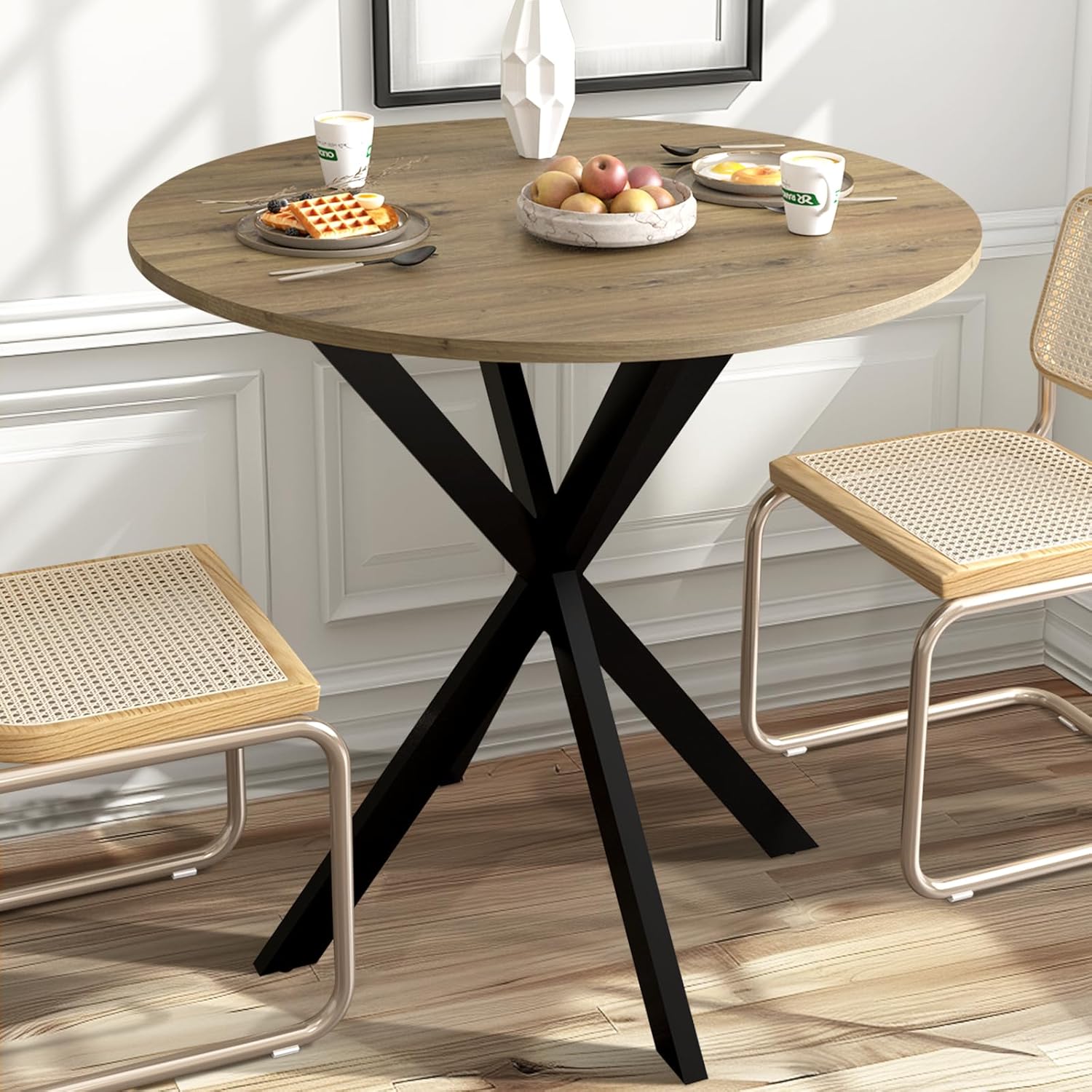 Unovivy 31.5 Small Round Dining Table for 2-4, Space Saving Circle Kitchen Dinner Table, Industrial Mid Century Modern Dining Room Desk for Kitchen, Apartment, Natural Oak