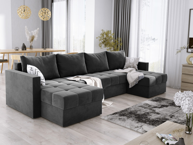 Grafitowa sofa narożnikowa pikowana z automatem MIO kształt U rozkładana