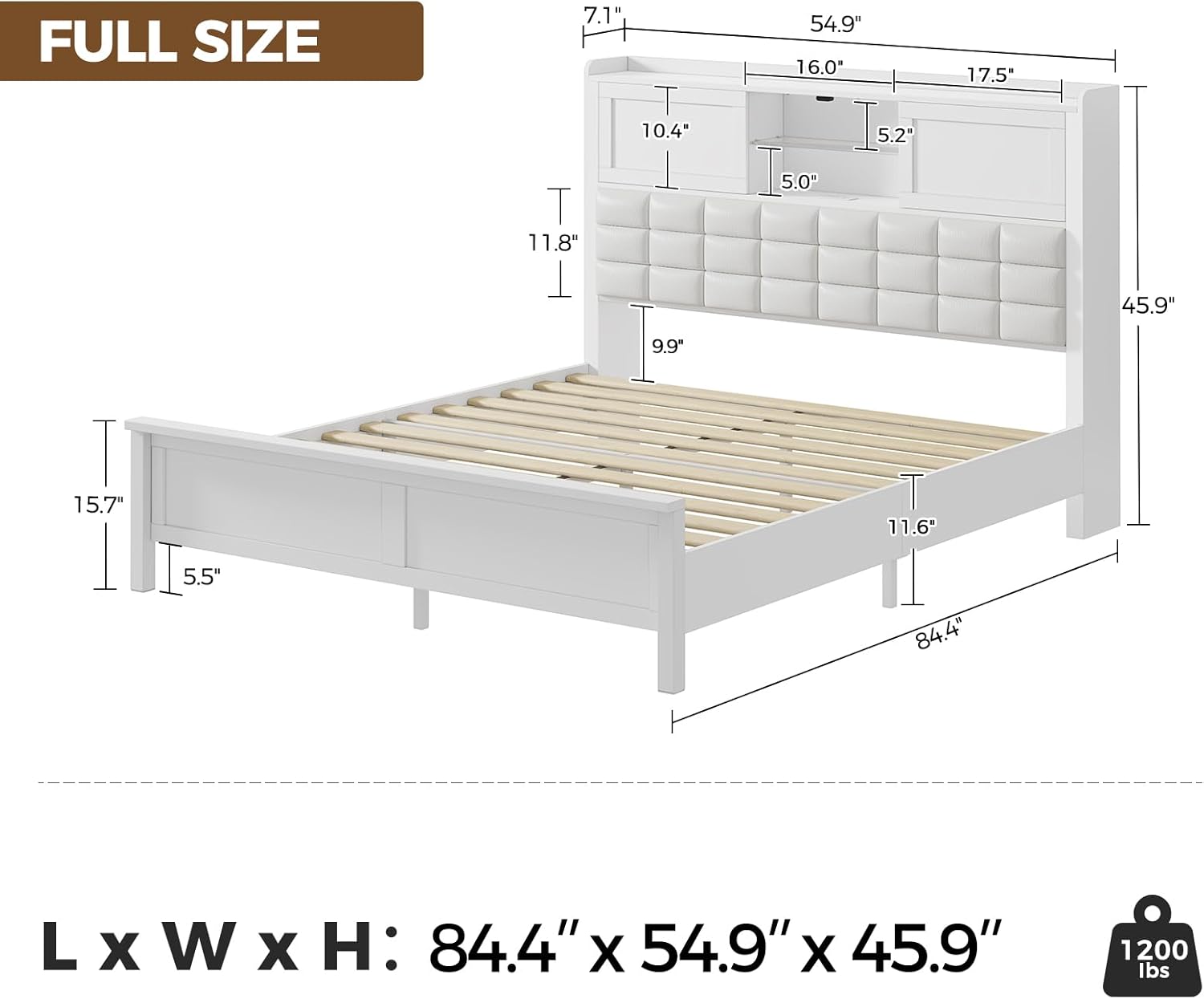 Rolanstar Bed Frame Full Size with Charging Station, Bookcase Headboard Bed with LED Light and Sliding Doors, Platform Bed with Wooden Slats, No Box Spring Needed, Noise Free, White