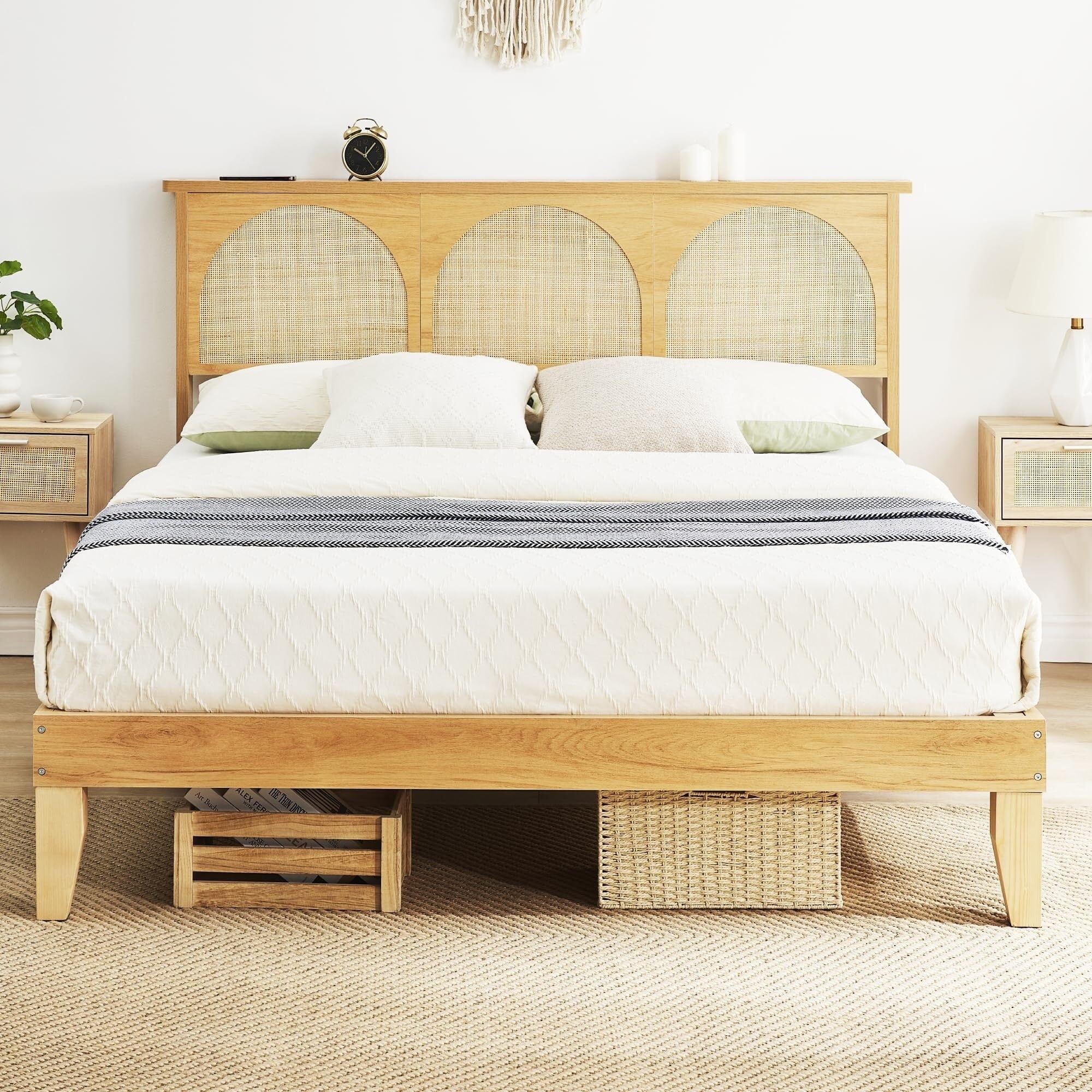 Bed Frame with Natural Rattan Headboard