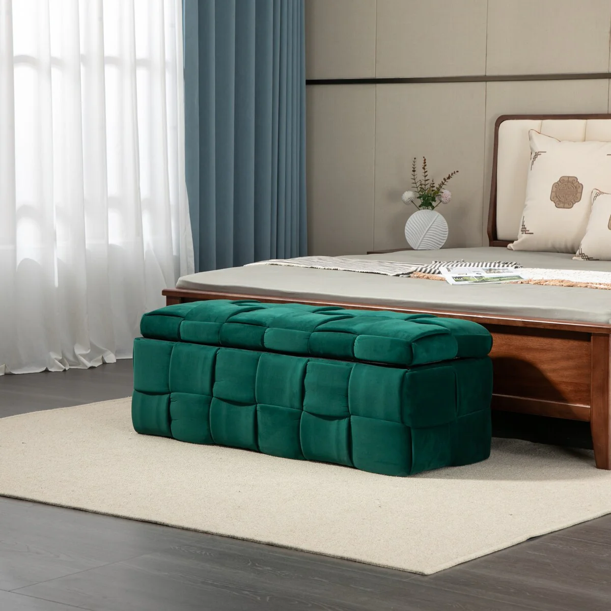 Velvet Upholstered Storage Ottoman Bench with Safety Hinge for Living Room,Bedroom