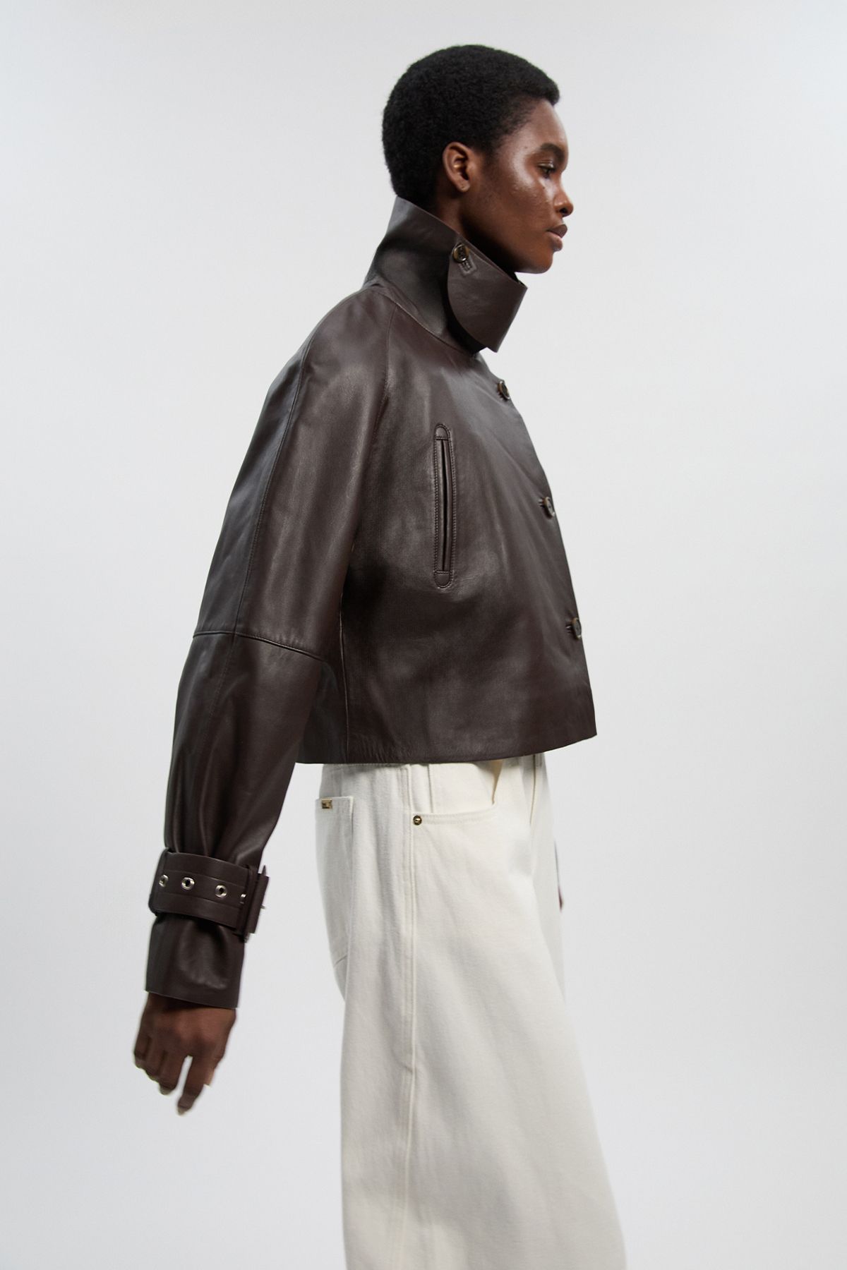 KarenMillen Petite Leather High Neck Crop Trench Coat