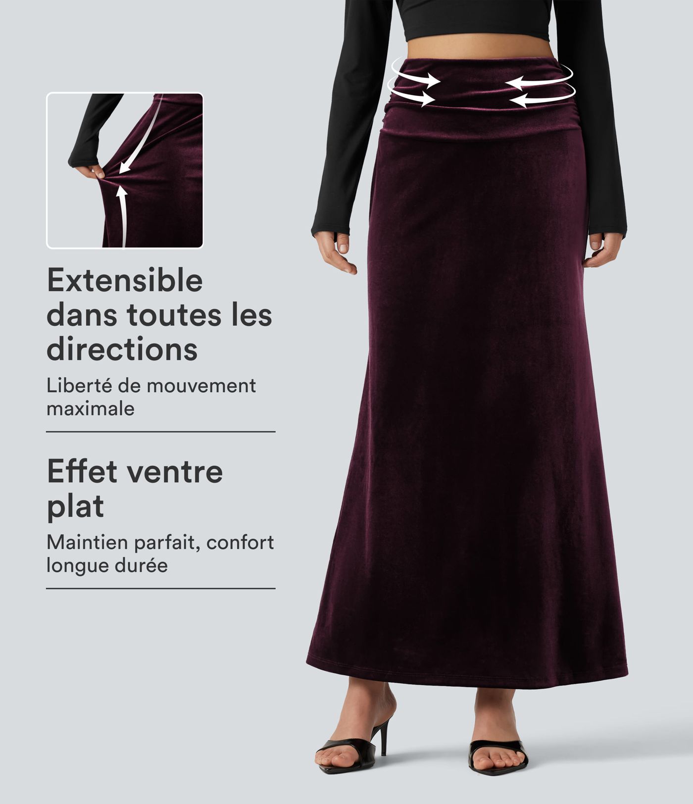 Jupe maxi sirène en velours taille haute gainante et froncée