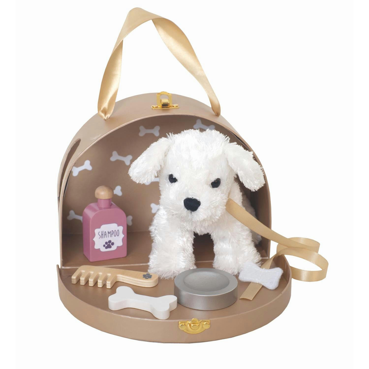 - Peluche chien avec son sac et accessoires en bois