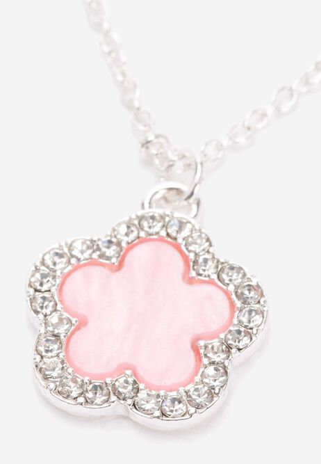 Womens Silver & Pink Flower Pave Necklace